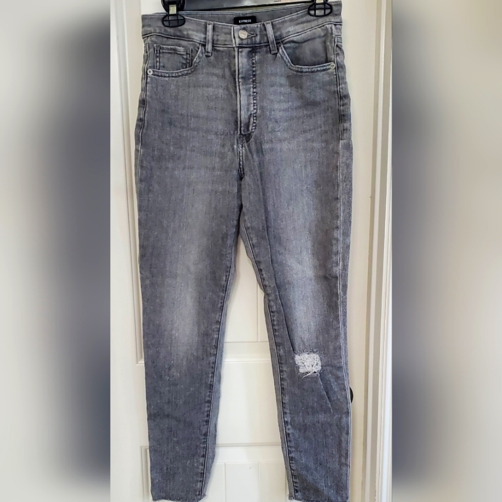 Express Stretchy Gray Denim Women's Distressed Skinny Jeans, Like New